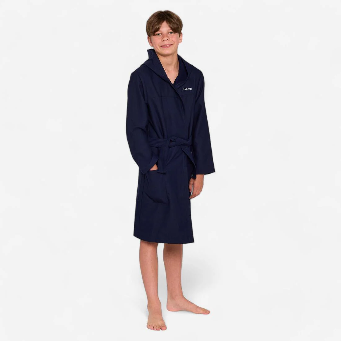 Bata de natación de microfibra con capucha compacta azul oscuro para niños - Image 2