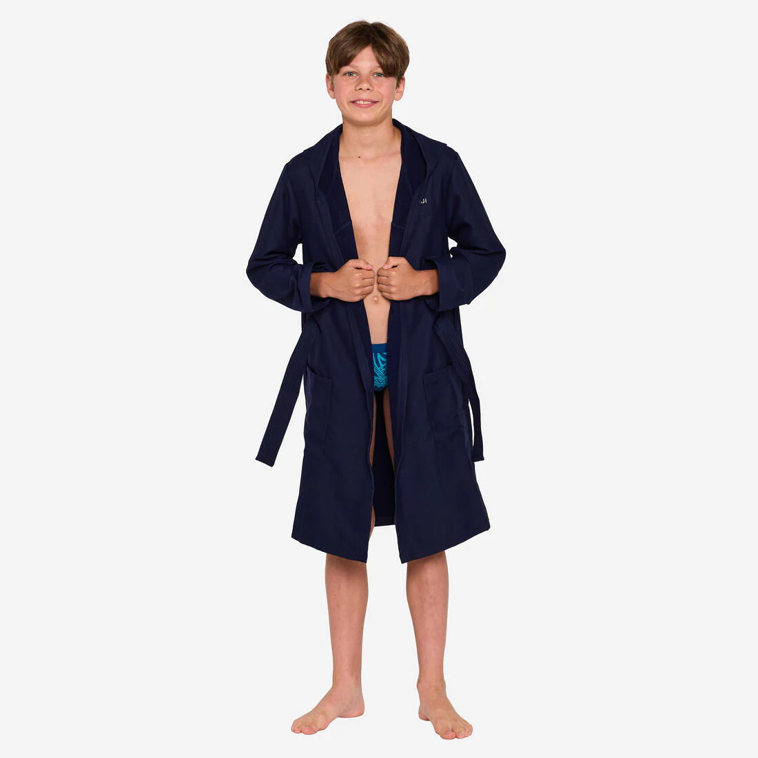 Bata de natación de microfibra con capucha compacta azul oscuro para niños - Image 5
