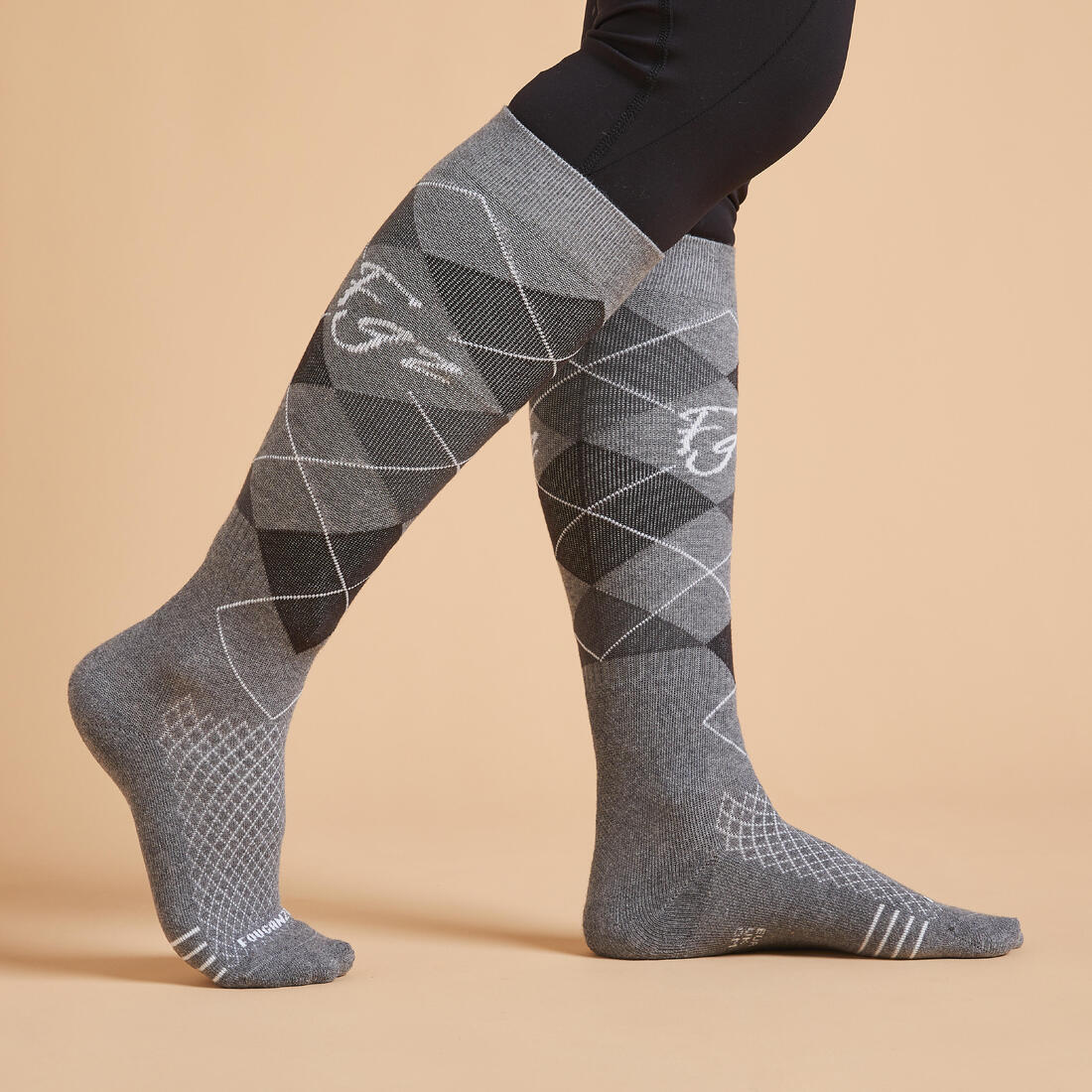 Calcetines de equitación grises y negros con estampado para adulto SKS 500x2 - Image 11