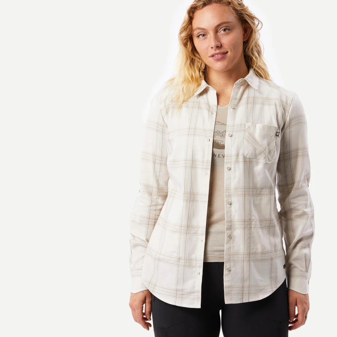 Camisa de trekking de manga larga a cuadros para mujer Travel 500