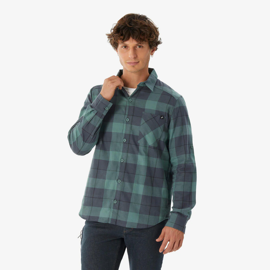 Camisa de viaje de trekking verde para hombre Travel 500 Warm