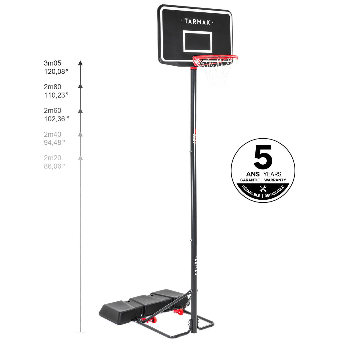 Canasta de básquetbol con pie regulable de 2.20 m a 3.05 m plegable - B100 Easy negro - Image 4
