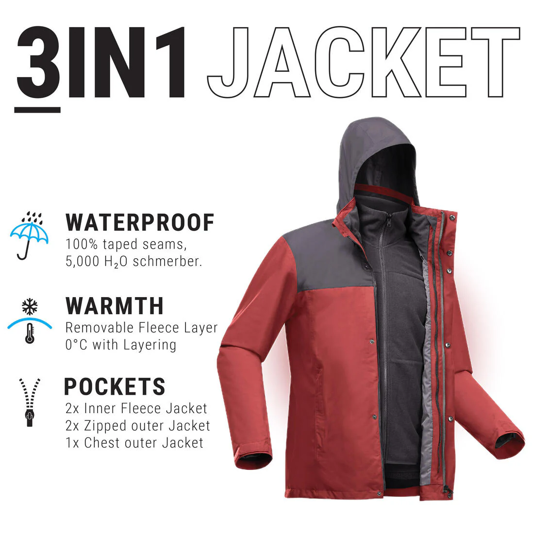 Chamarra de senderismo 3 en 1 impermeable hasta 0 °C para hombre NH100 - Image 36