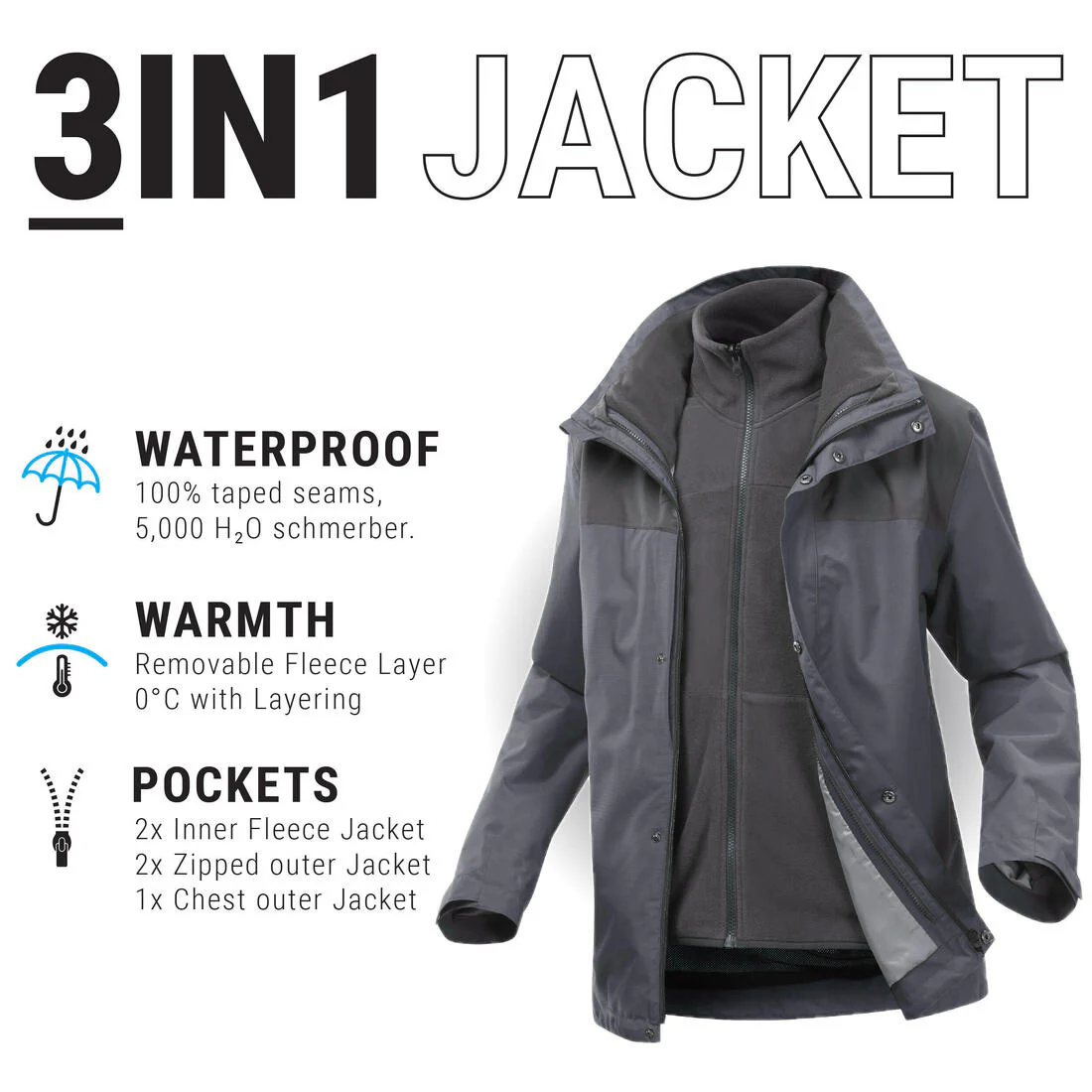 Chamarra de senderismo 3 en 1 impermeable hasta 0 °C para hombre NH100 - Image 62