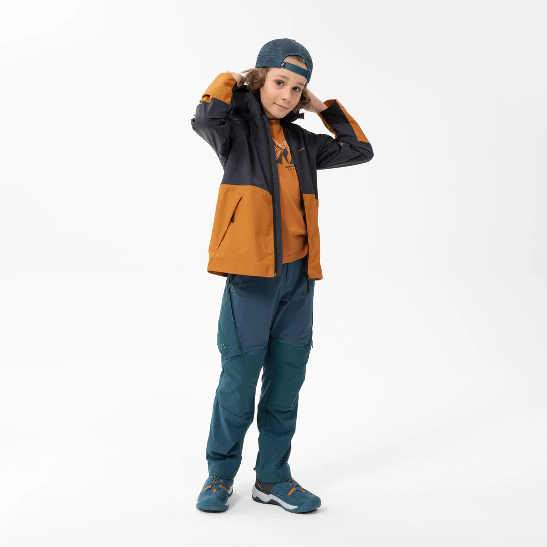 Chamarra de senderismo impermeable gris ocre para niños de 7 a 15 años MH500