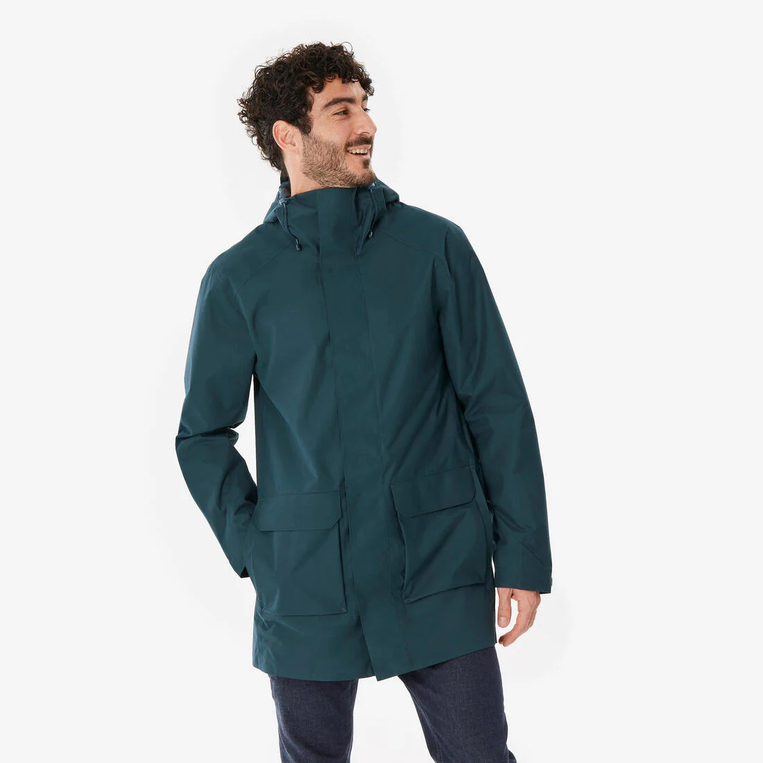 Chamarra de senderismo impermeable y larga verde para hombre NH500