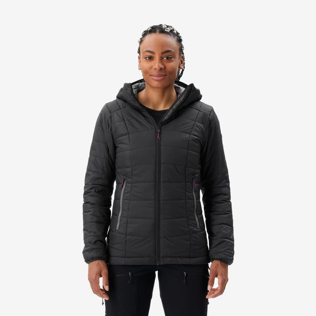Chamarra de trekking acolchada y sintética con capucha negra para mujer MT100 - Image 4
