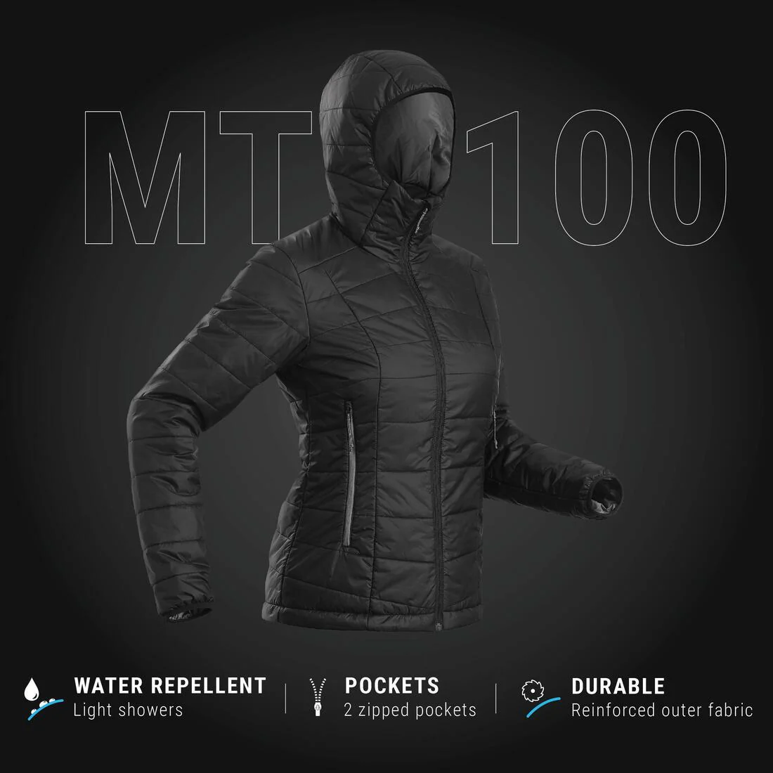 Chamarra de trekking acolchada y sintética con capucha negra para mujer MT100 - Image 48