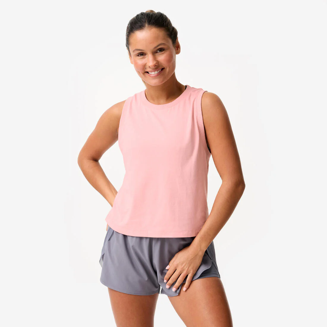 Crop top de musculación sin mangas de algodón rosa para mujer