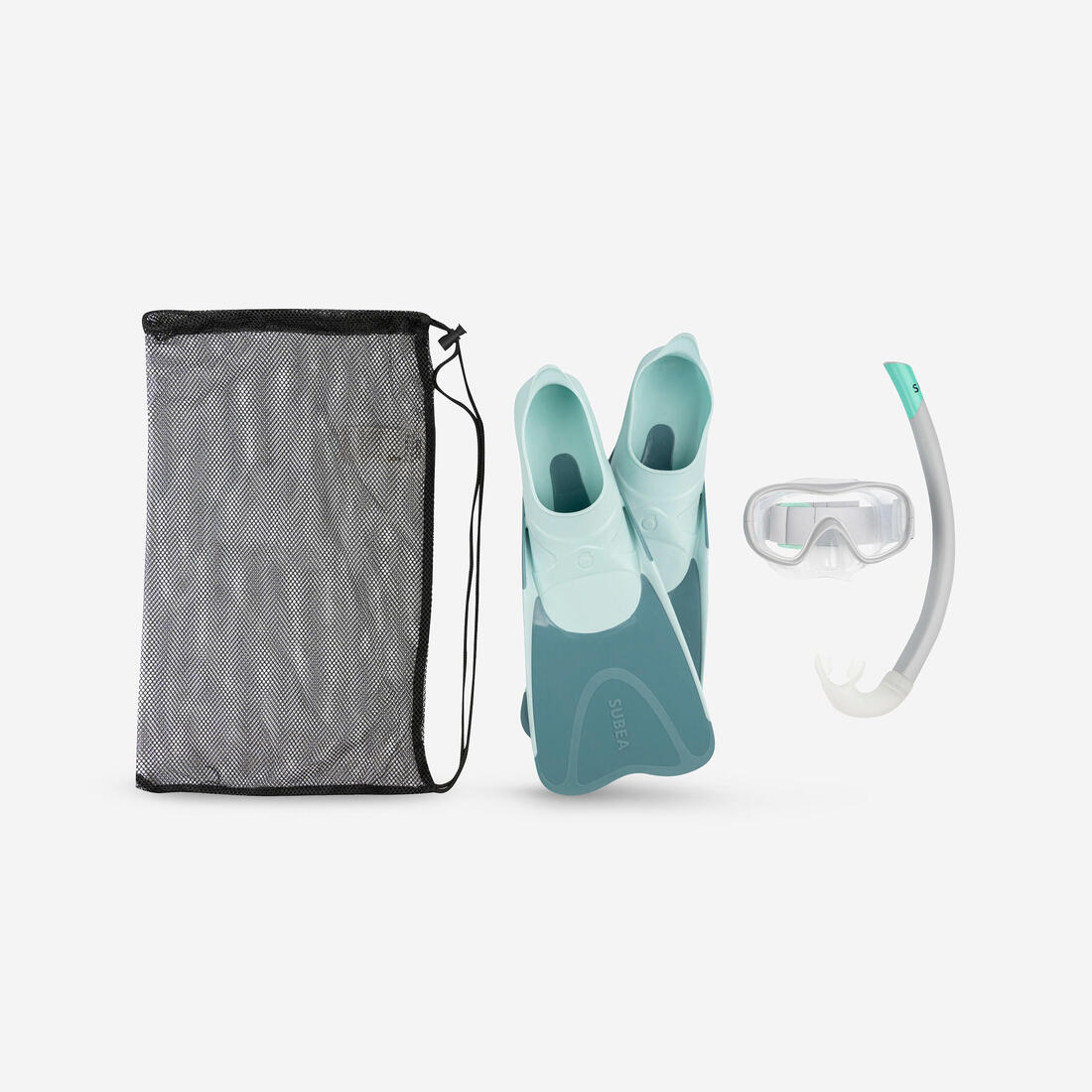 Kit Aletas Máscara Tubo Snorkel SNK 500 Niños Azul Gris Menta Pastel