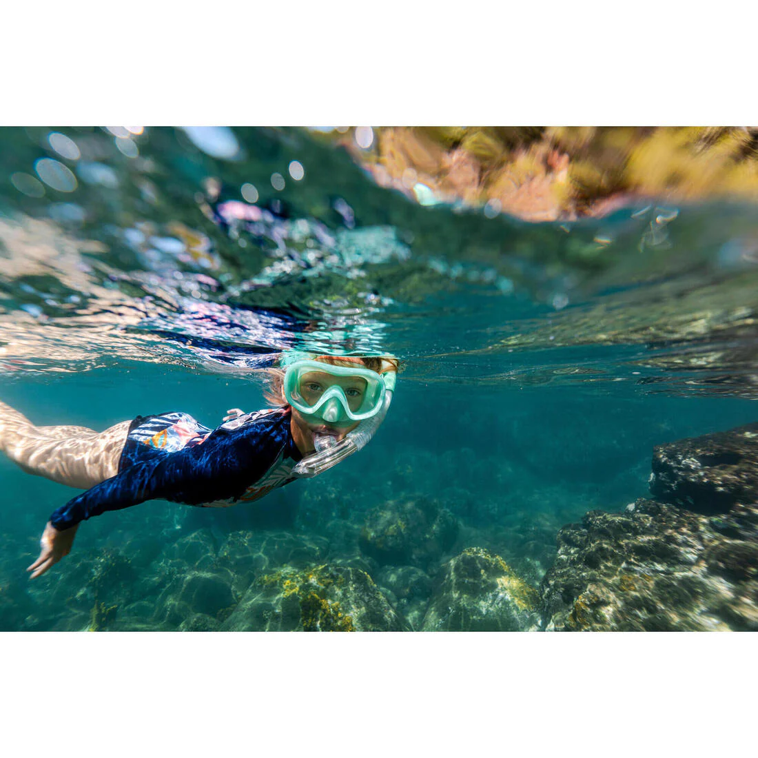 Kit de buceo con máscara y tubo de snorkel con válvula verde para niños 100 - Image 10
