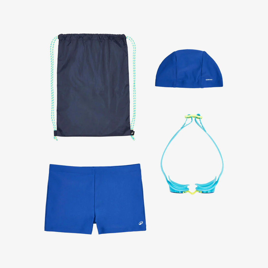 Kit de natación de traje de baño, lentes, gorro y bolsa azul 100para niño 100