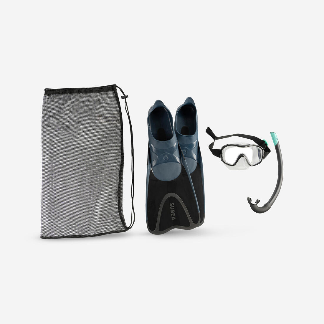 Kit de snorkel con aletas, máscara y tubo gris con negro para adulto 100