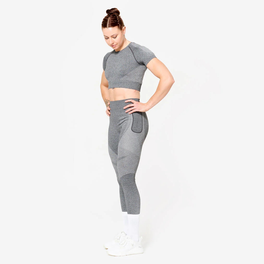 Mallas de Fitness Gris Sin Costuras Cintura Alta Bolsillo para Teléfono - Image 4