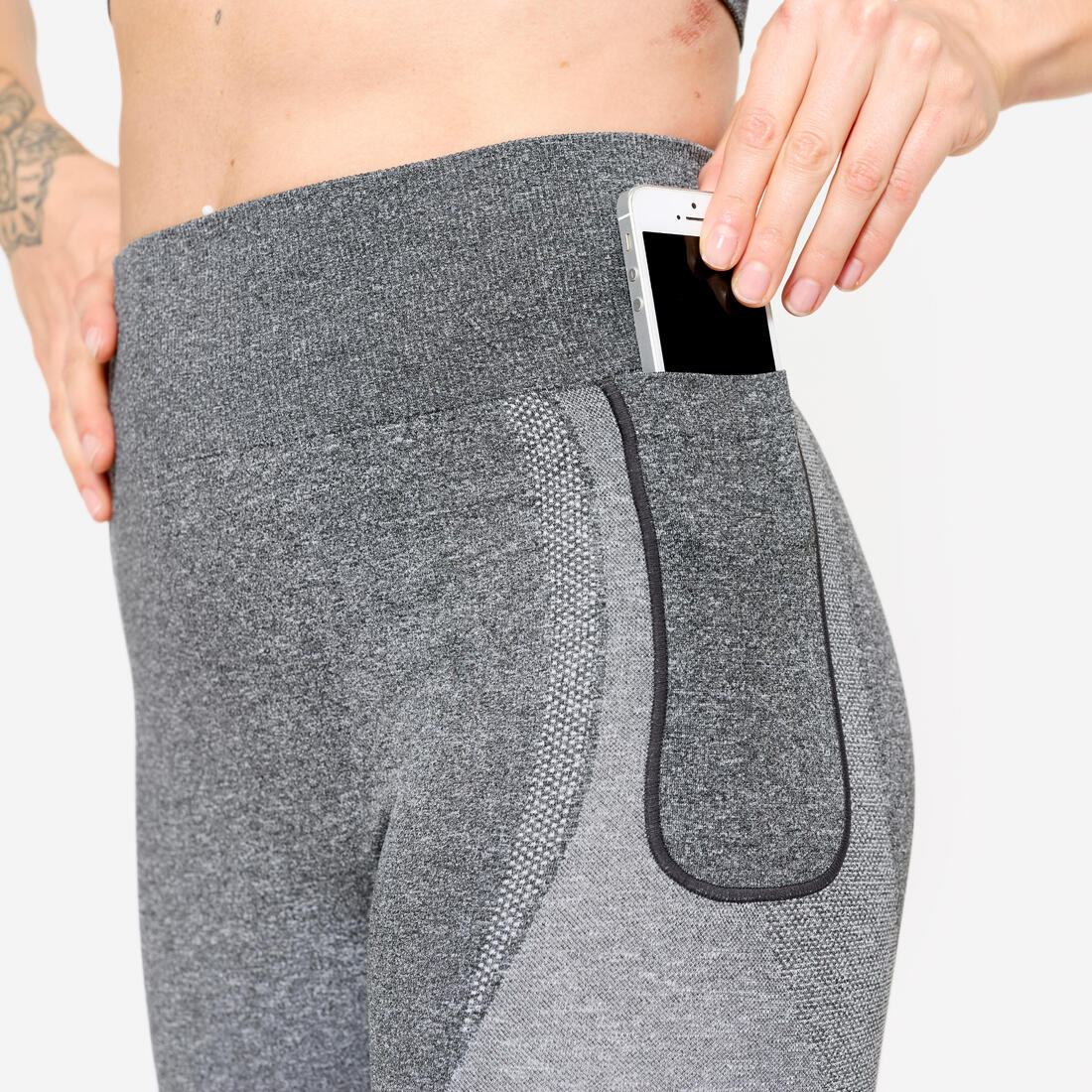 Mallas de Fitness Gris Sin Costuras Cintura Alta Bolsillo para Teléfono - Image 8