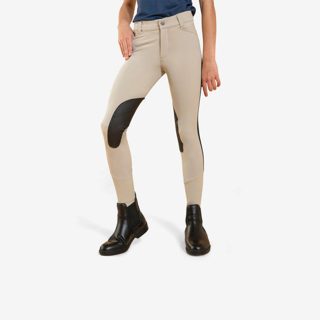 Pantalón de equitación ligero con badanas adherentes y malla beige para niño 500