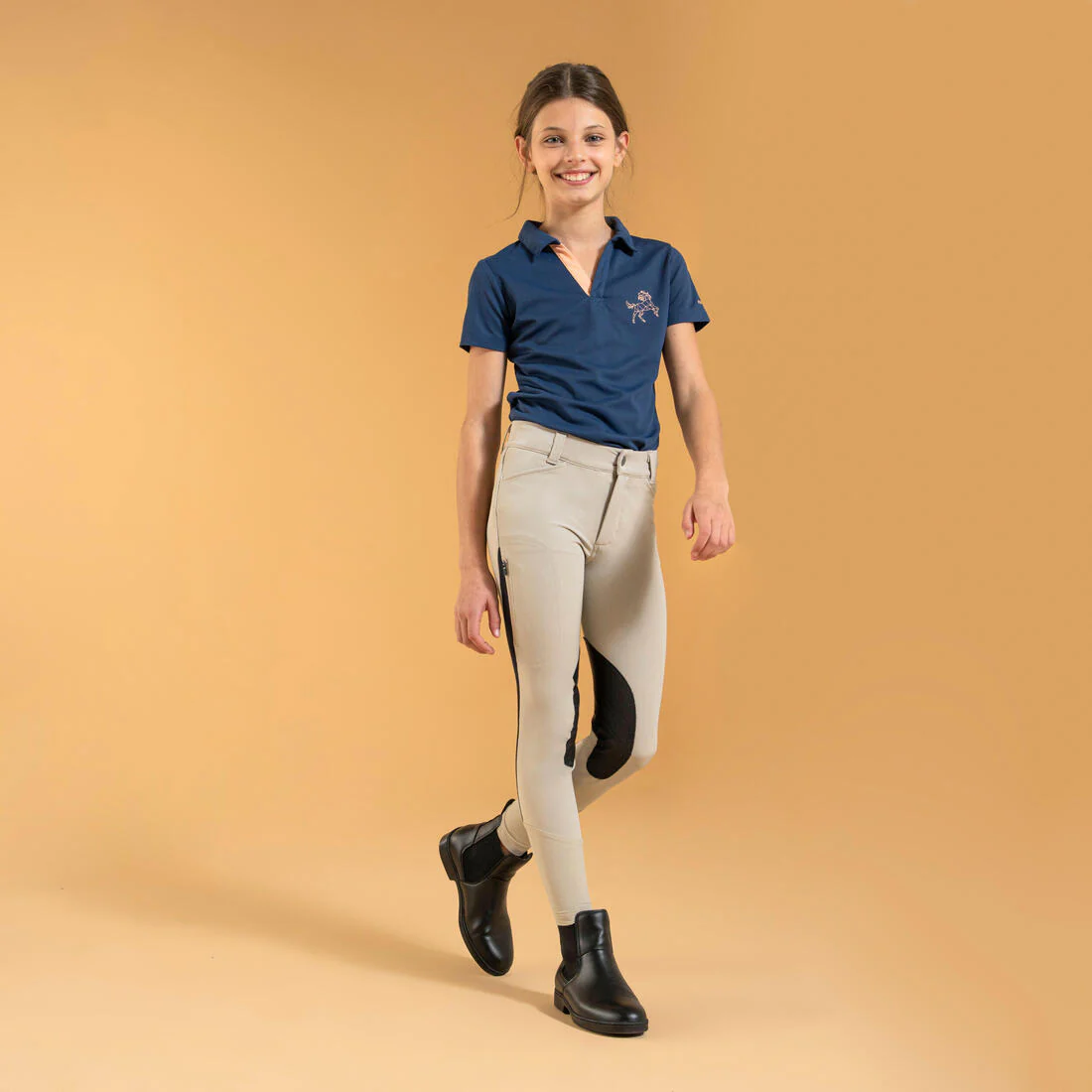 Pantalón de equitación ligero con badanas adherentes y malla beige para niño 500 - Image 2