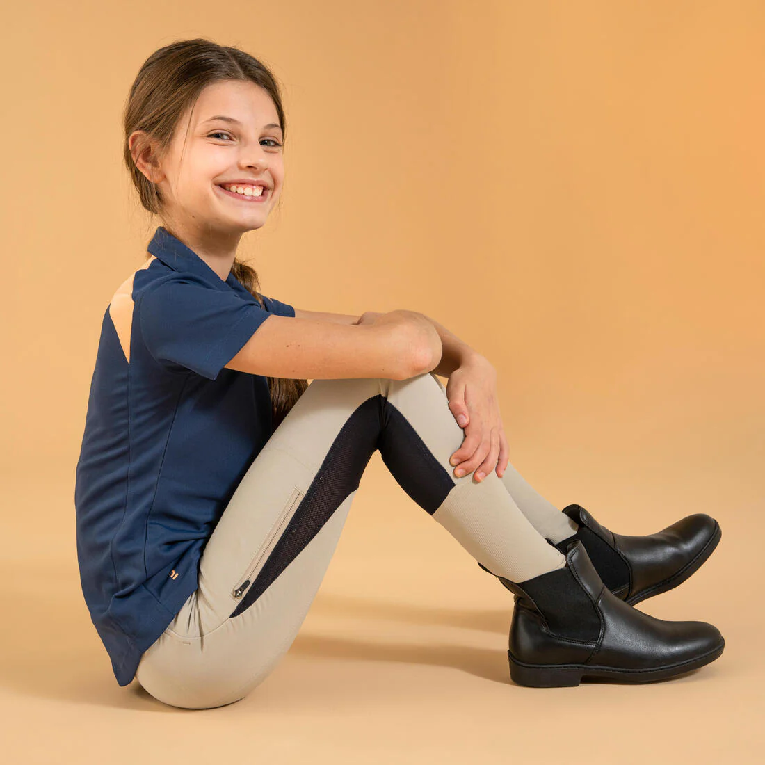 Pantalón de equitación ligero con badanas adherentes y malla beige para niño 500 - Image 3