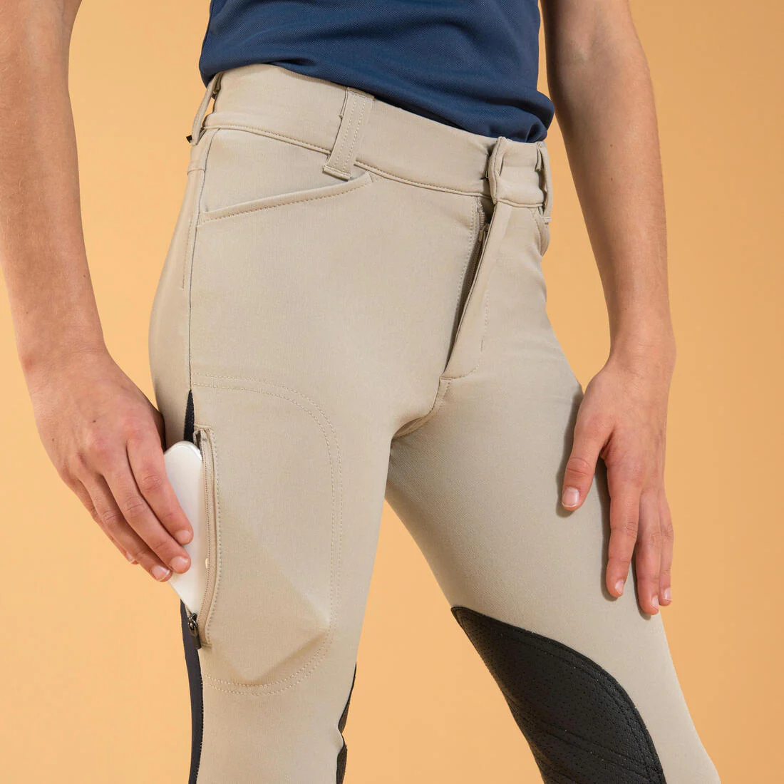 Pantalón de equitación ligero con badanas adherentes y malla beige para niño 500 - Image 4