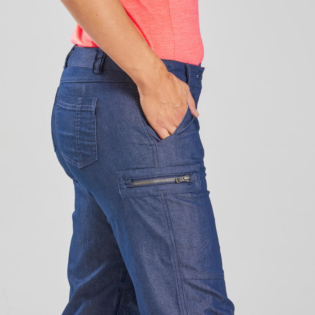 Pantalón transformable trekking viaje TRAVEL 100 mujer azul denim - Image 12