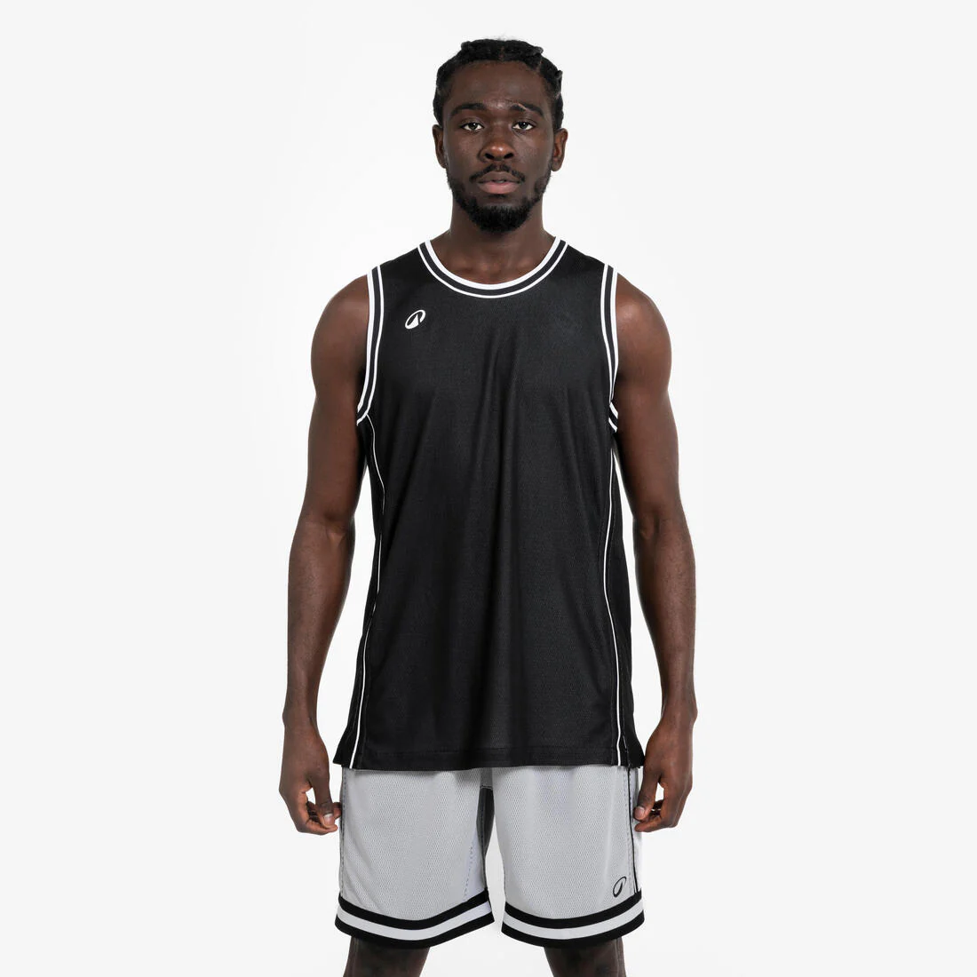 Playera de básquetbol sin mangas reversible negro con blanco para adulto TKR-500