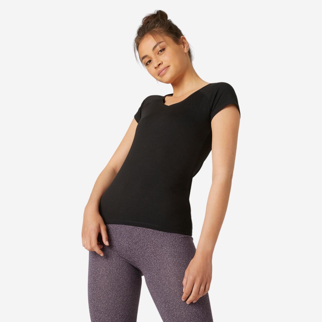 Playera de fitness blanca con cuello en V para mujer 500 ESSENTIAL
