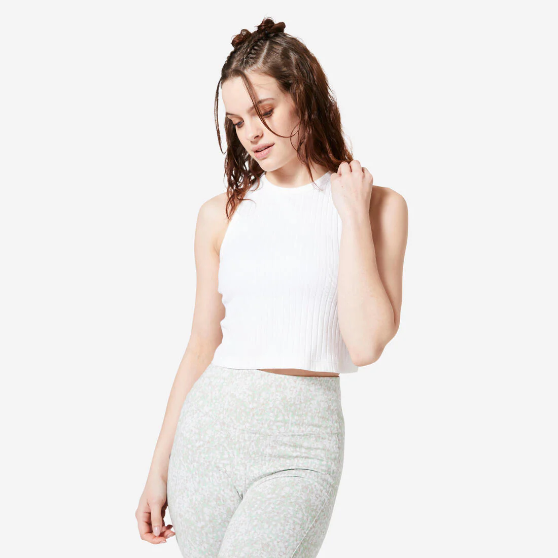 Playera de fitness crop top sin mangas blanca para mujer 520