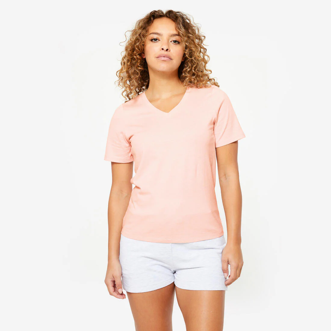 Playera de fitness de algodón con cuello V blanca para mujer - Image 3