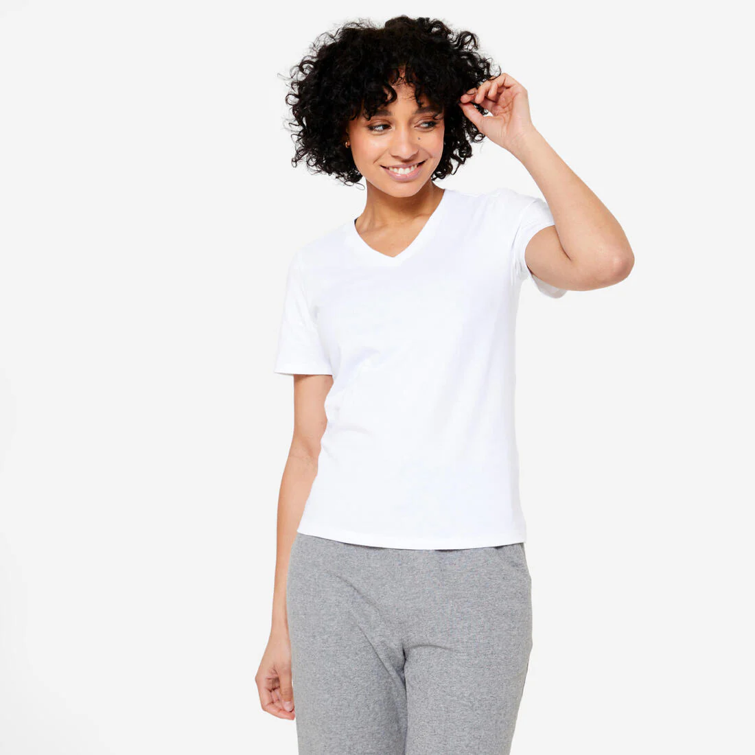 Playera de fitness de algodón con cuello V blanca para mujer - Image 4
