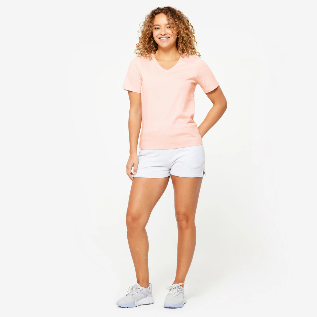 Playera de fitness de algodón con cuello V blanca para mujer - Image 8