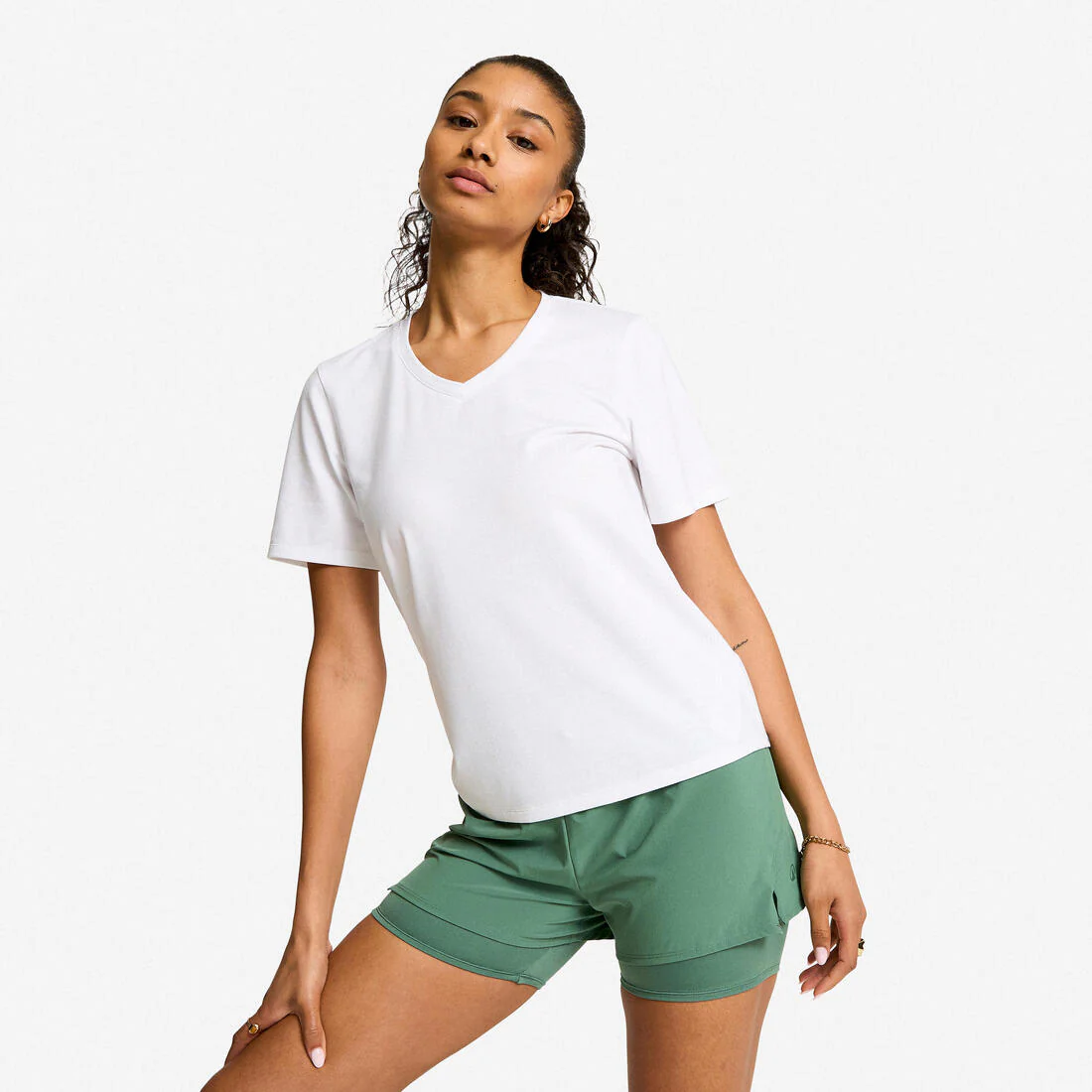Playera de fitness de cuello V negra para mujer Coolmax