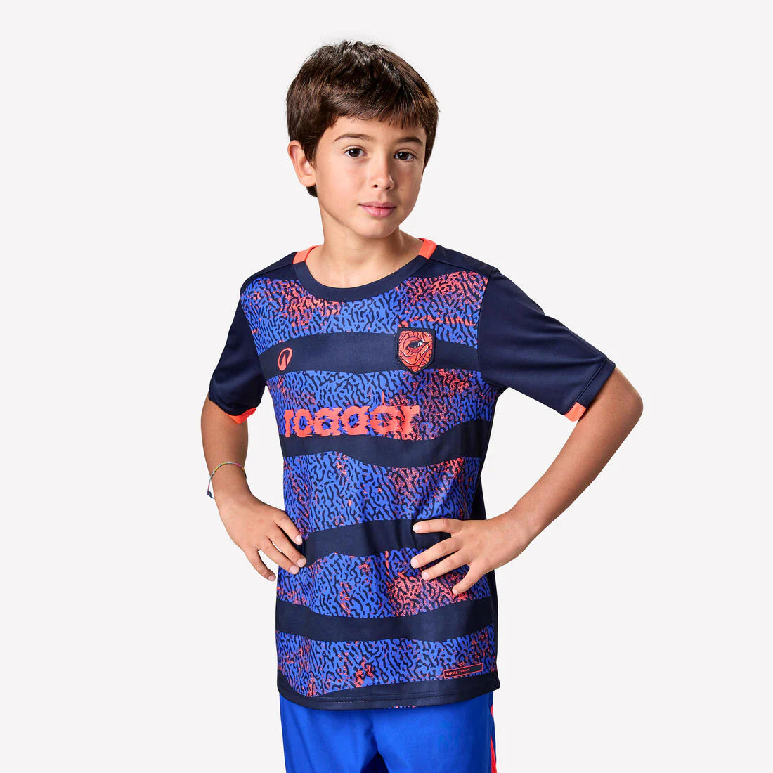 Playera de futbol de rayas azules y violetas con rinoceronte para niños Viralto