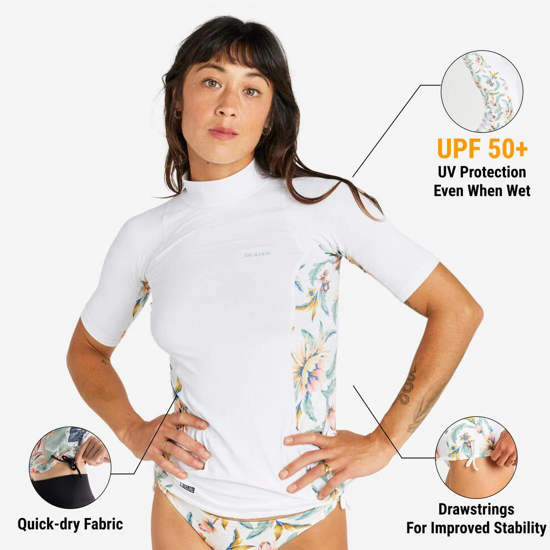Playera de surf anti-UV de manga corta azul marino blanco y gris para mujer 500 - Image 15