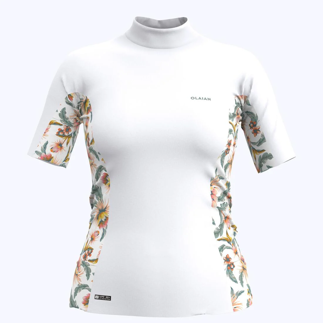 Playera de surf anti-UV de manga corta azul marino blanco y gris para mujer 500 - Image 16