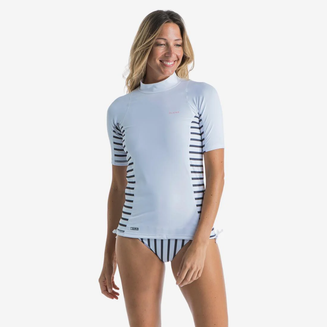 Playera de surf anti-UV de manga corta azul marino blanco y gris para mujer 500 - Image 3