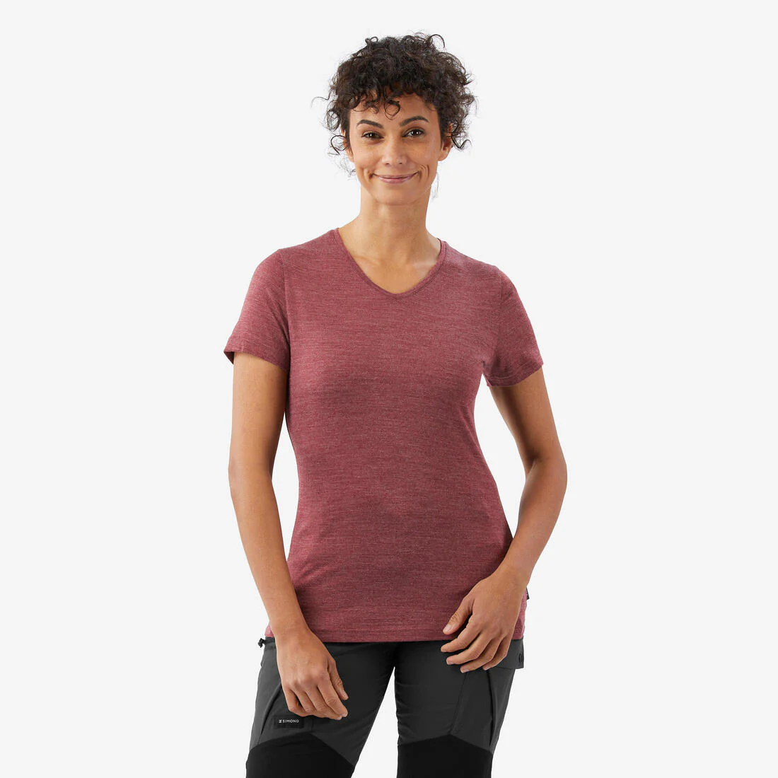 Playera de trekking de manga corta de lana merina café para mujer Travel 500