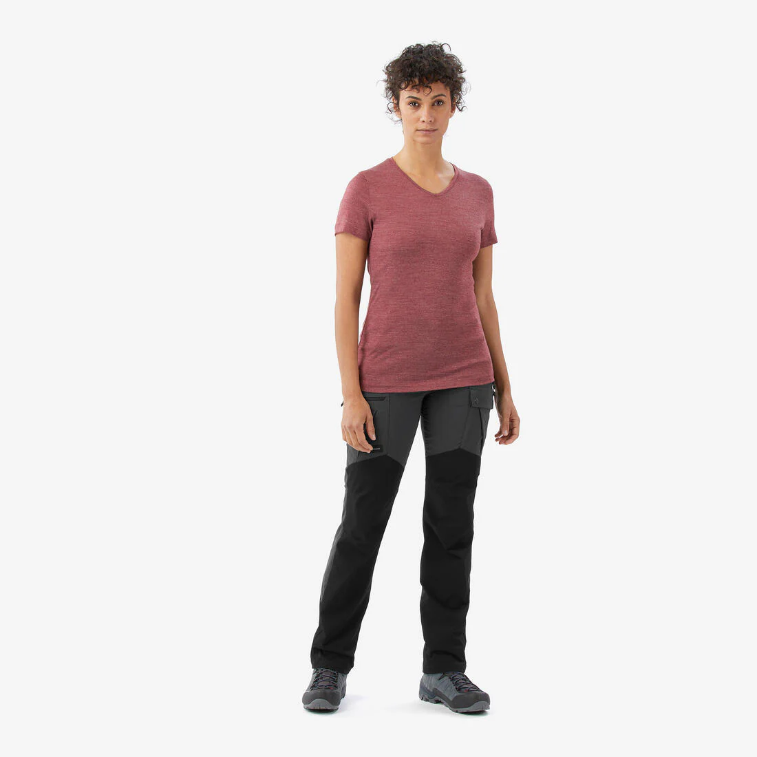 Playera de trekking de manga corta de lana merina café para mujer Travel 500 - Image 3