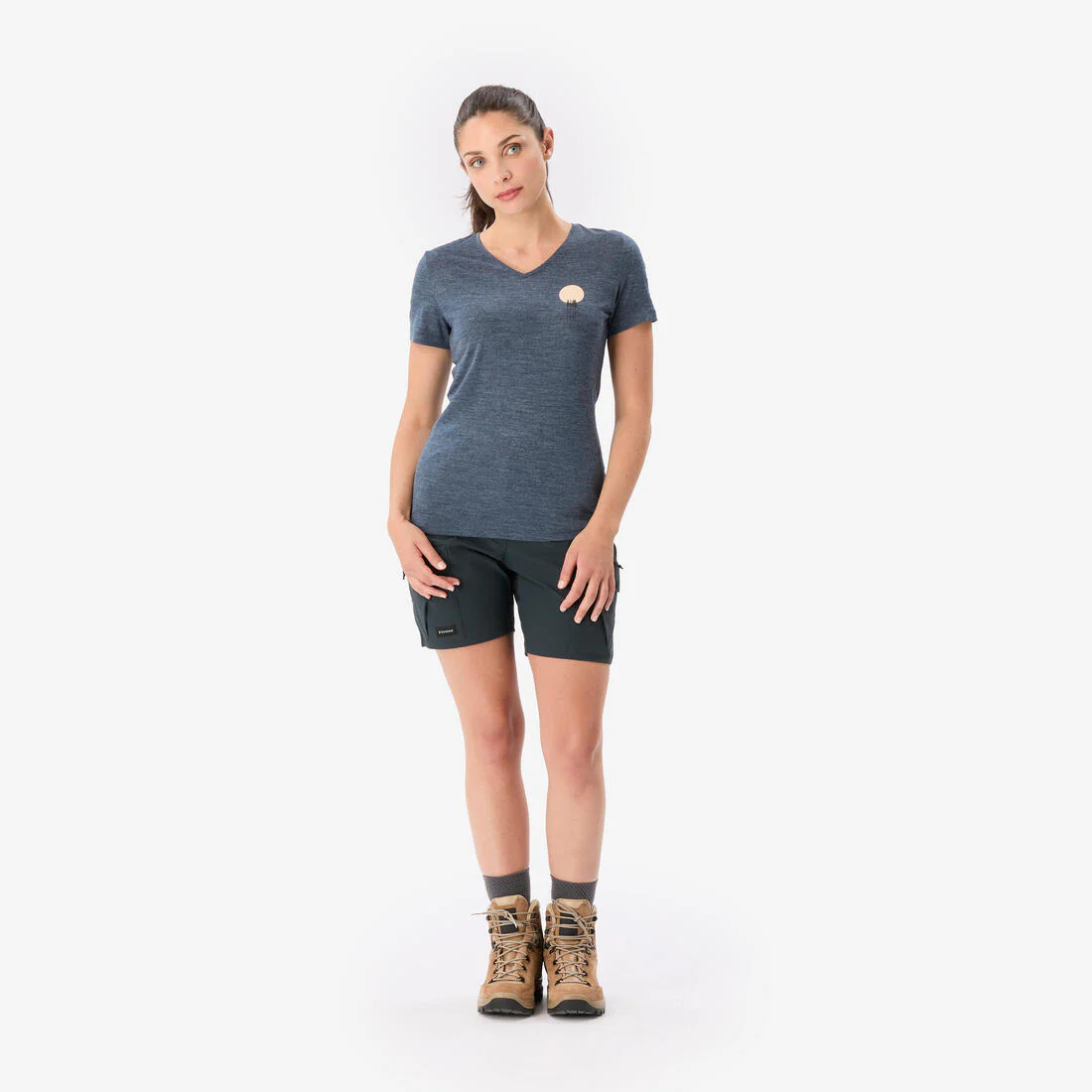 Playera de trekking de manga corta de lana merina café para mujer Travel 500 - Image 4