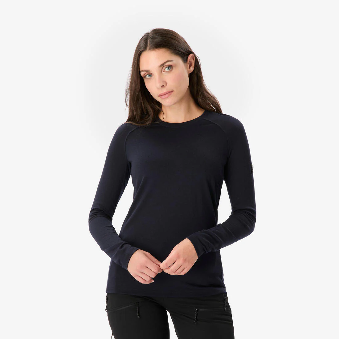 Playera de trekking de manga larga de lana merino azul para mujer Merino Resist