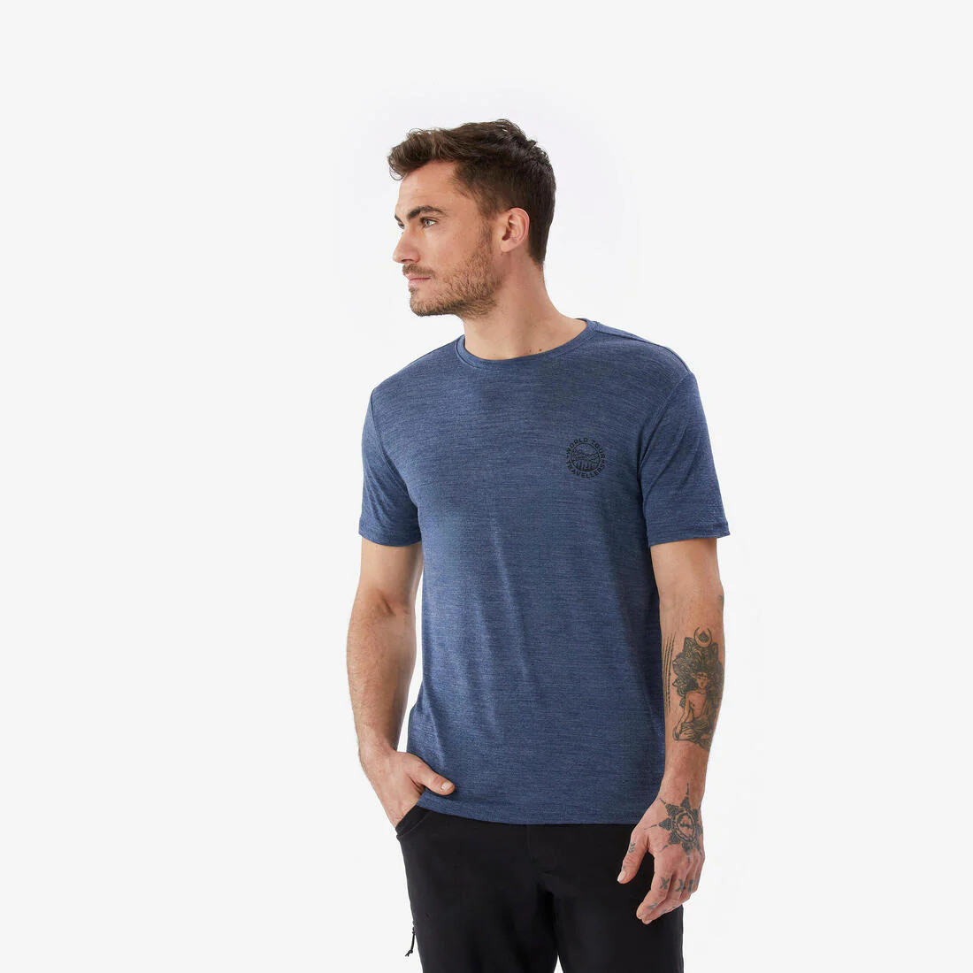 Playera de viaje de trekking de manga corta y lana merino azul para hombre