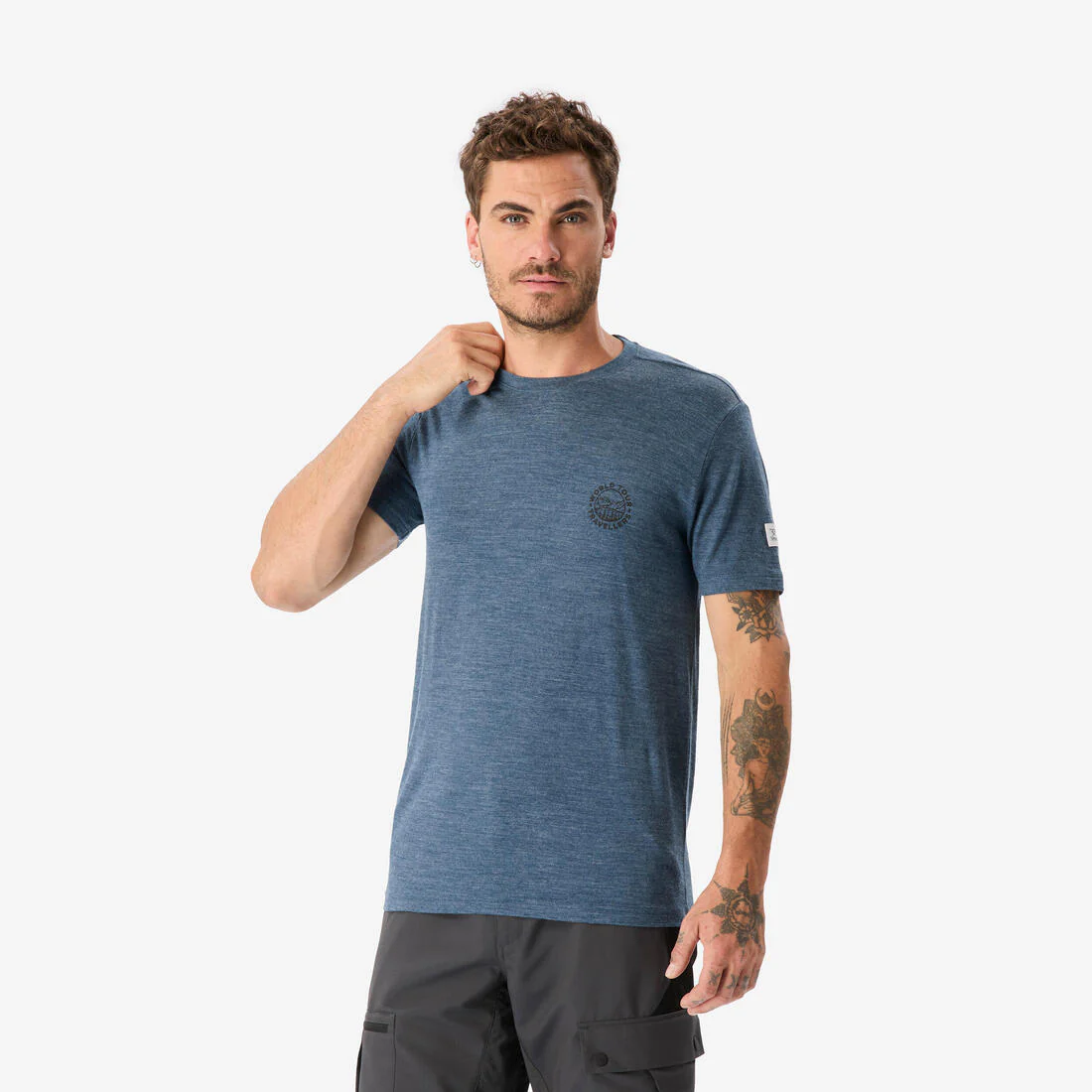 Playera de viaje de trekking de manga corta y lana merino azul para hombre - Image 2