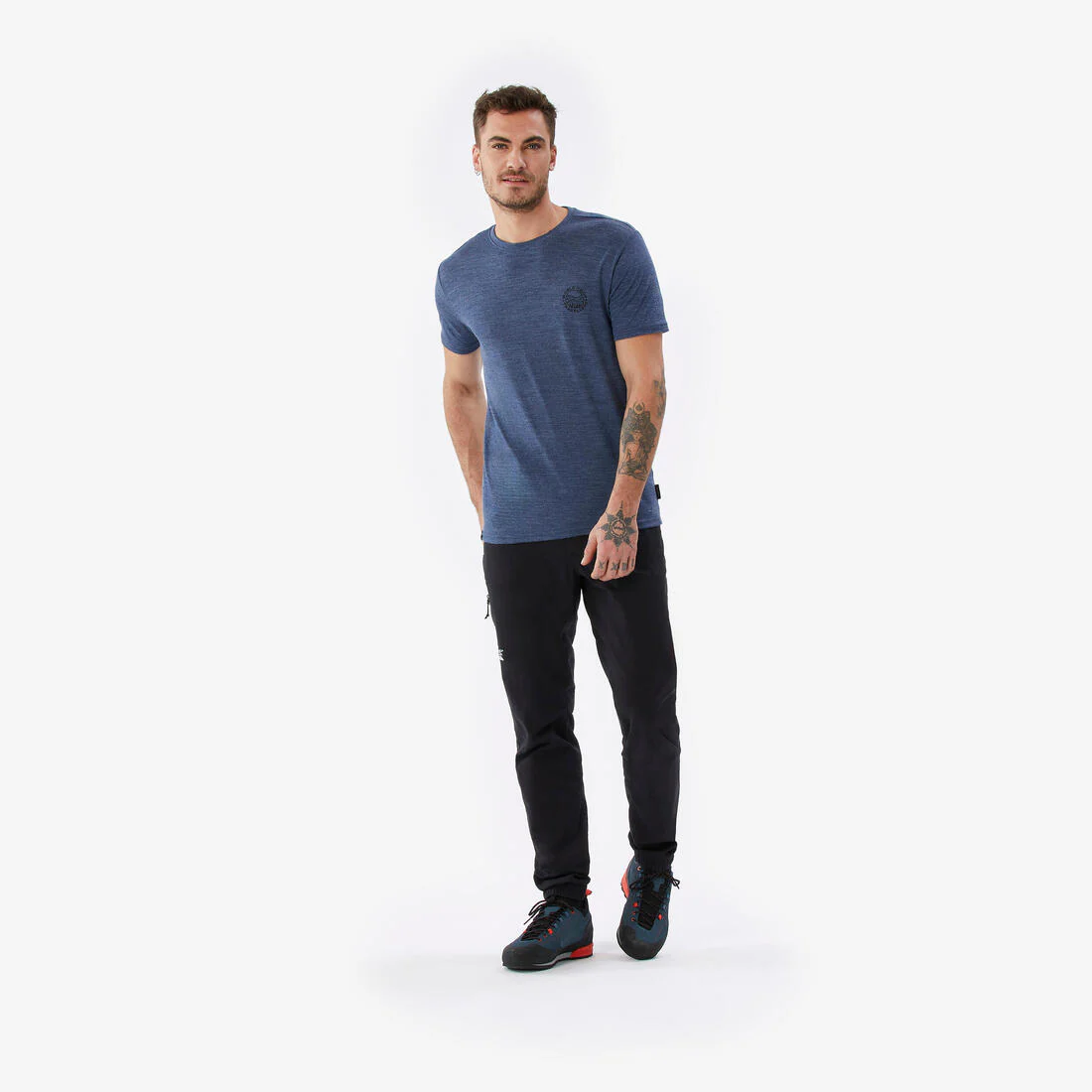 Playera de viaje de trekking de manga corta y lana merino azul para hombre - Image 3