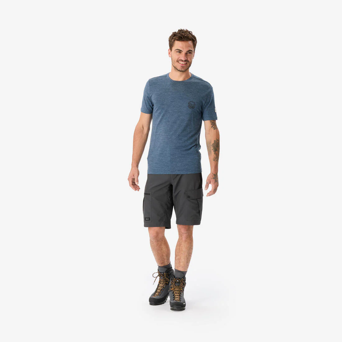 Playera de viaje de trekking de manga corta y lana merino azul para hombre - Image 4