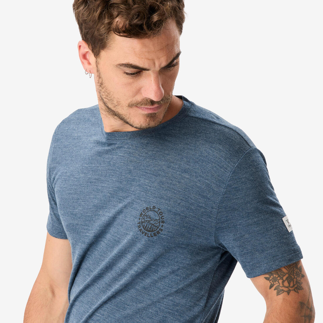 Playera de viaje de trekking de manga corta y lana merino azul para hombre - Image 6