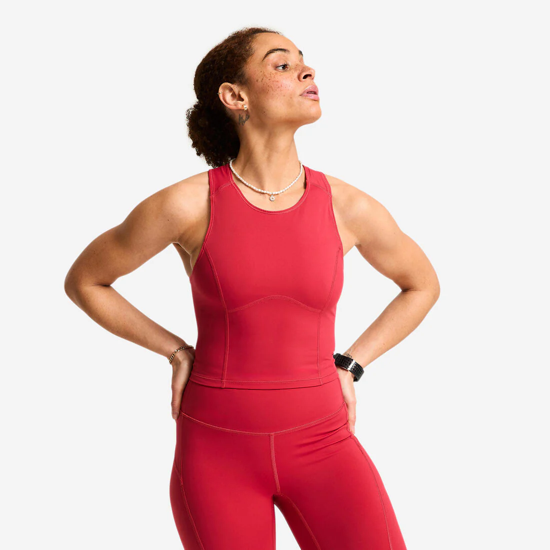 Playera deportiva sin mangas con corte crop moldeador rojo oscuro para mujer - Image 3