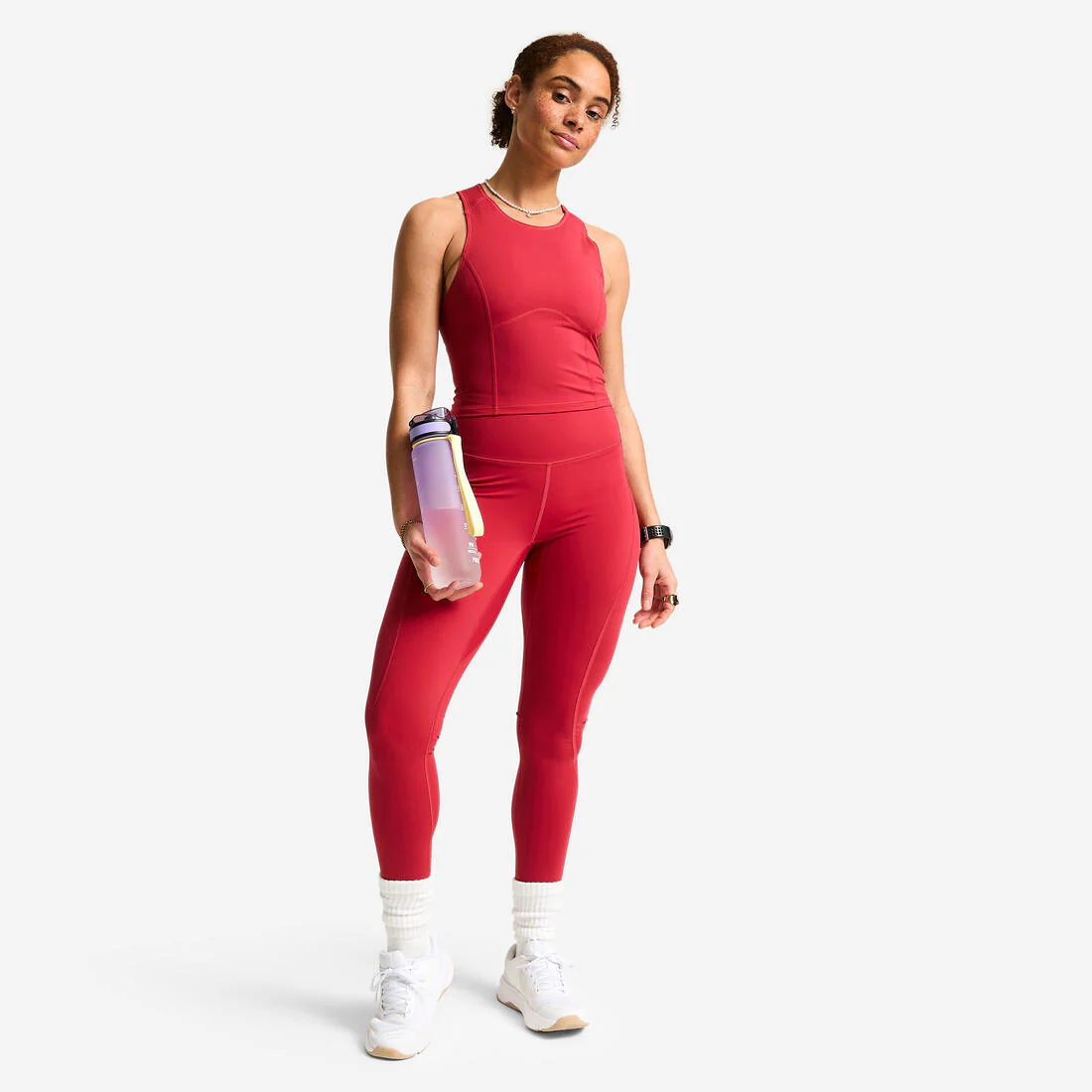 Playera deportiva sin mangas con corte crop moldeador rojo oscuro para mujer - Image 4