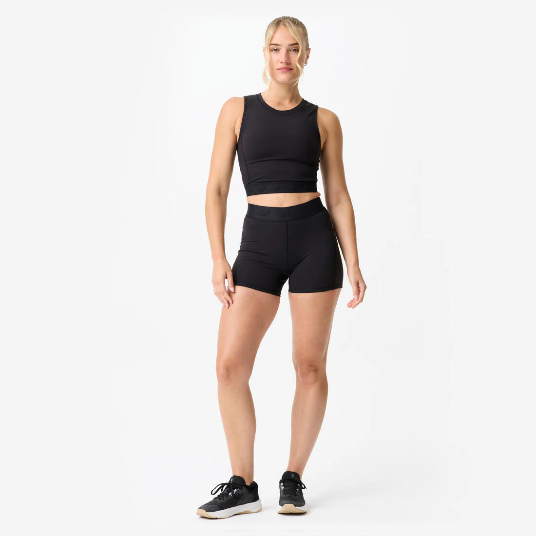 Playera deportiva tipo crop-top con cintura elástica negra para mujer - Image 4