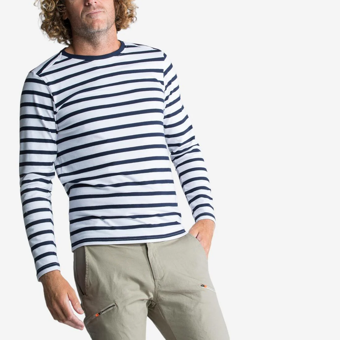 Playera marinera de manga larga blanca con azul para hombre Sailing 100