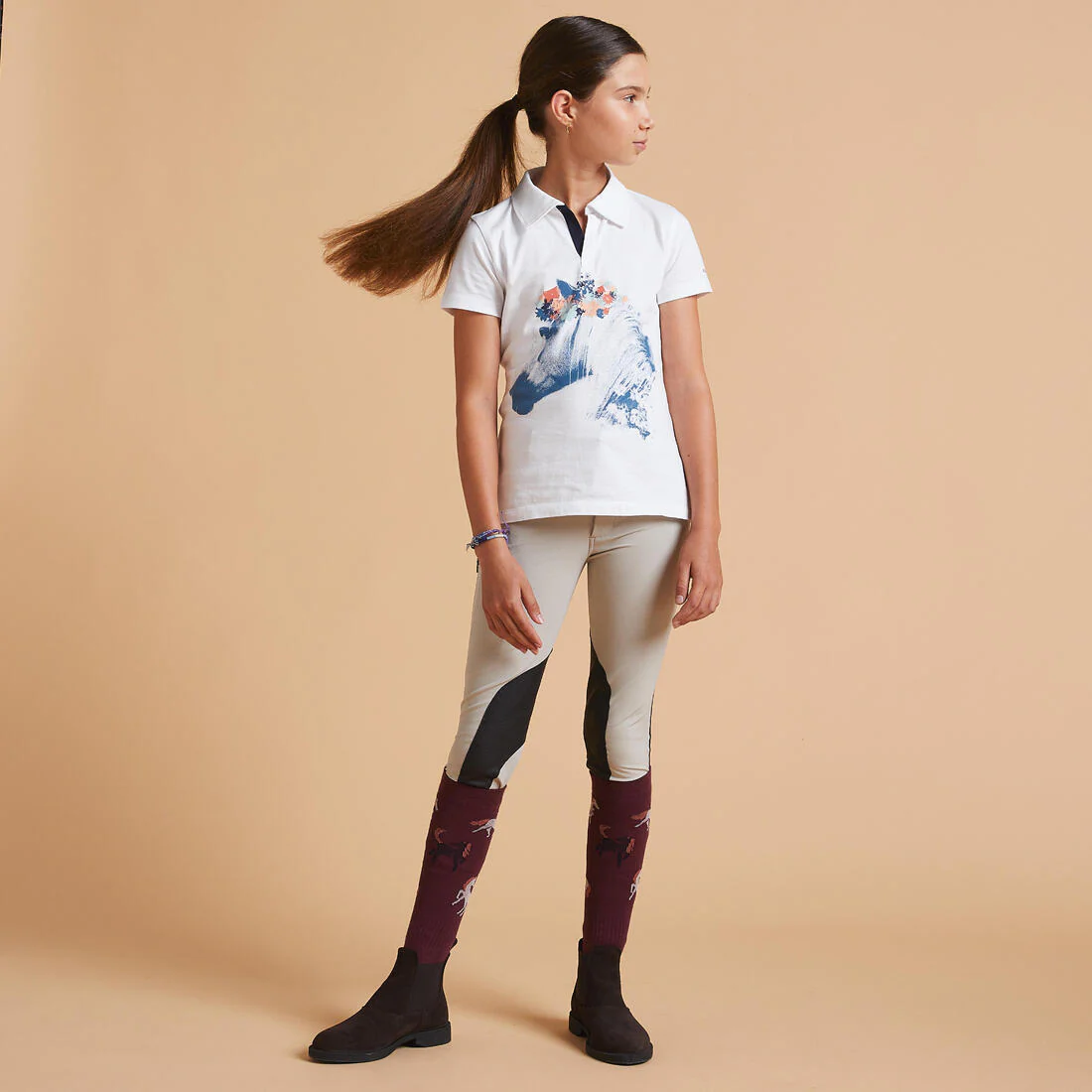 Playera polo de equitación de manga corta blanca para niños 100 - Image 2