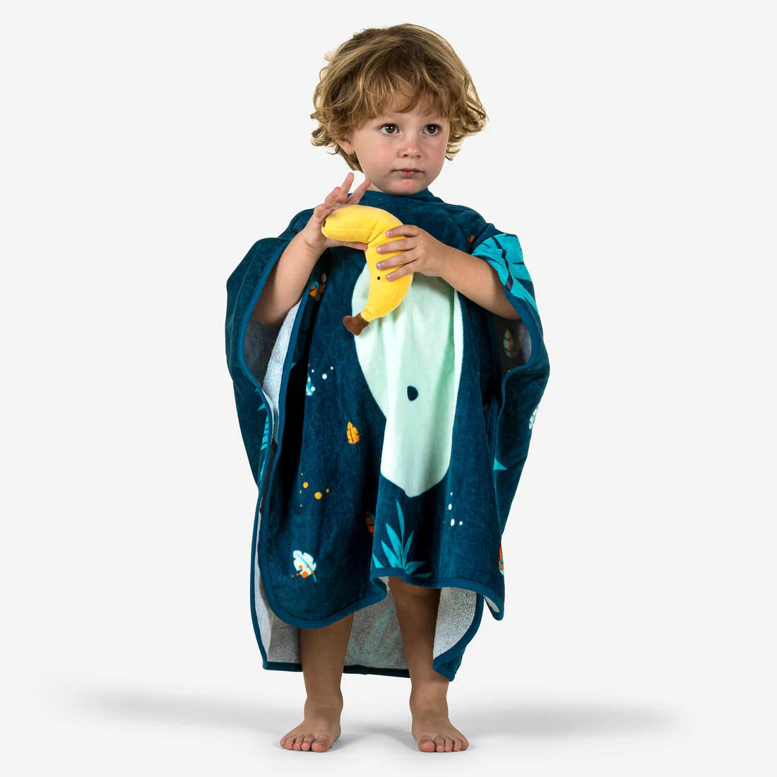 Poncho para baño de mono de algodón azul oscuro para bebés